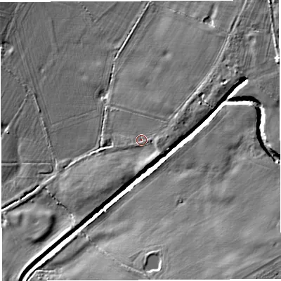 Shaded relief map of the ground around TF50DA, computed from Environment Agency LiDAR. The ground here sits at about 54 m above sea level and falls 12 m across the surrounding 800 m. Surface water reaching this point runs off ground lying to the east-north-east, 2.2 m higher.