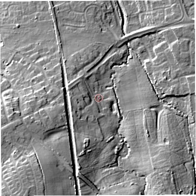 Shaded relief map of the ground around TF50DJ, computed from Environment Agency LiDAR. The ground here sits at about 73 m above sea level and falls 23 m across the surrounding 800 m. Surface water reaching this point runs off ground lying to the south-west, 7.5 m higher.