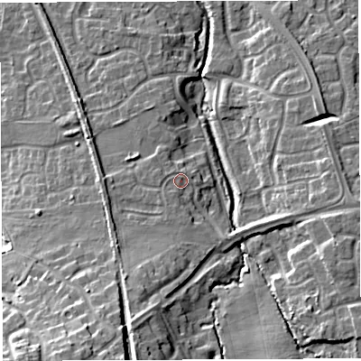 Shaded relief map of the ground around TF50DU, computed from Environment Agency LiDAR. The ground here sits at about 70 m above sea level and falls 18 m across the surrounding 800 m. Surface water reaching this point runs off ground lying to the south-south-west, 1.5 m higher.