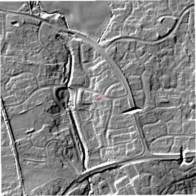 Shaded relief map of the ground around TF50NJ, computed from Environment Agency LiDAR. The ground here sits at about 69 m above sea level and falls 14 m across the surrounding 800 m. Surface water reaching this point runs off ground lying to the east-south-east, 4.2 m higher.