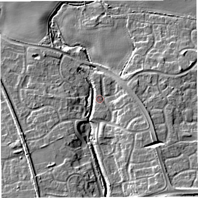 Shaded relief map of the ground around TF50NN, computed from Environment Agency LiDAR. The ground here sits at about 66 m above sea level and falls 15 m across the surrounding 800 m. Surface water reaching this point runs off ground lying to the south-east, 11.0 m higher.