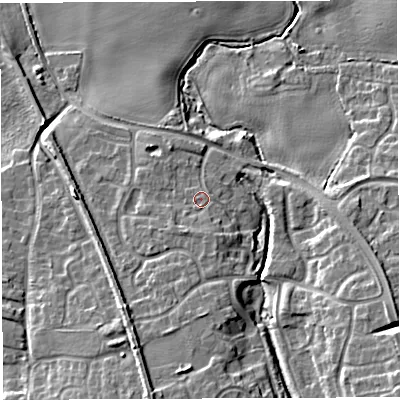 Shaded relief map of the ground around TF50NS, computed from Environment Agency LiDAR. The ground here sits at about 67 m above sea level and falls 14 m across the surrounding 800 m. Surface water reaching this point runs off ground lying to the south-south-east, 1.5 m higher.