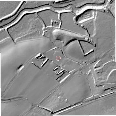 Shaded relief map of the ground around TF65DY, computed from Environment Agency LiDAR. The ground here sits at about 56 m above sea level and falls 21 m across the surrounding 800 m. Surface water reaching this point runs off ground lying to the south, 8.1 m higher.