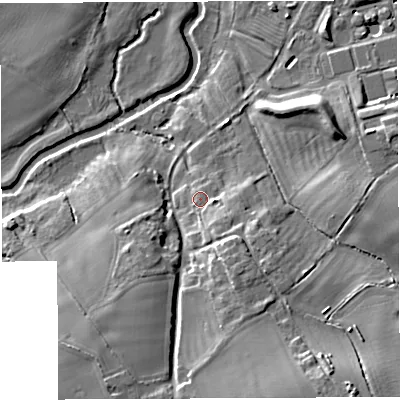 Shaded relief map of the ground around TF65EE, computed from Environment Agency LiDAR. The ground here sits at about 53 m above sea level and falls 17 m across the surrounding 800 m. Surface water reaching this point runs off ground lying to the south-south-east, 4.3 m higher.