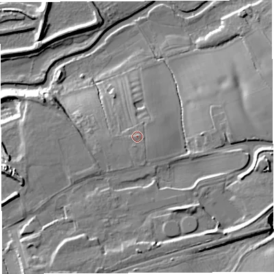 Shaded relief map of the ground around TF65EJ, computed from Environment Agency LiDAR. The ground here sits at about 59 m above sea level and falls 20 m across the surrounding 800 m. Surface water reaching this point runs off ground lying to the south-south-east, 1.8 m higher.