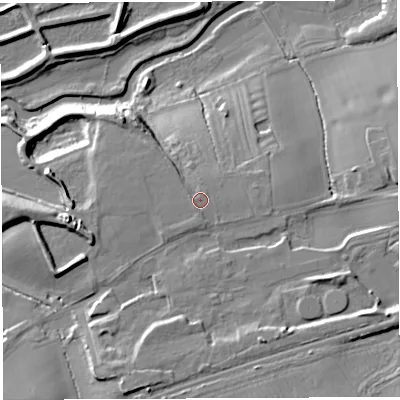 Shaded relief map of the ground around TF65EQ, computed from Environment Agency LiDAR. The ground here sits at about 60 m above sea level and falls 18 m across the surrounding 800 m. Surface water reaching this point runs off ground lying to the south-south-west, 0.8 m higher.