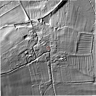 Shaded relief map of the ground around TF66DH, computed from Environment Agency LiDAR. The ground here sits at about 66 m above sea level and falls 16 m across the surrounding 800 m. Surface water reaching this point runs off ground lying to the south-east, 2.4 m higher.