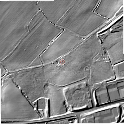 Shaded relief map of the ground around TF66DS, computed from Environment Agency LiDAR. The ground here sits at about 65 m above sea level and falls 15 m across the surrounding 800 m. Surface water reaching this point runs off ground lying to the south-east, 2.5 m higher.