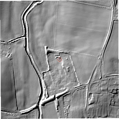 Shaded relief map of the ground around TF66FB, computed from Environment Agency LiDAR. The ground here sits at about 53 m above sea level and falls 13 m across the surrounding 800 m. Surface water reaching this point runs off ground lying to the east-south-east, 5.4 m higher.