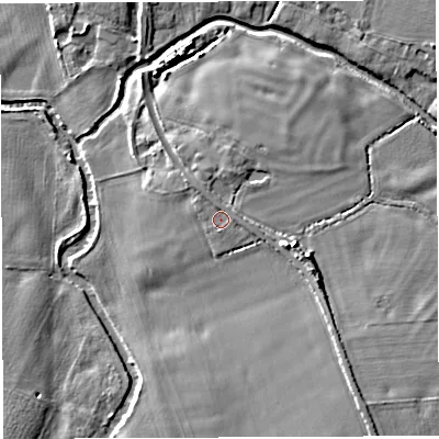 Shaded relief map of the ground around TF66HR, computed from Environment Agency LiDAR. The ground here sits at about 53 m above sea level and falls 7 m across the surrounding 800 m. Surface water reaching this point runs off ground lying to the north-north-west, 1.0 m higher.