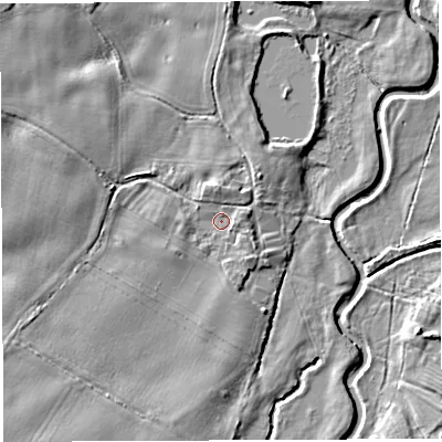 Shaded relief map of the ground around TF66NF, computed from Environment Agency LiDAR. The ground here sits at about 50 m above sea level and falls 7 m across the surrounding 800 m. Surface water reaching this point runs off ground lying to the north, 1.8 m higher.