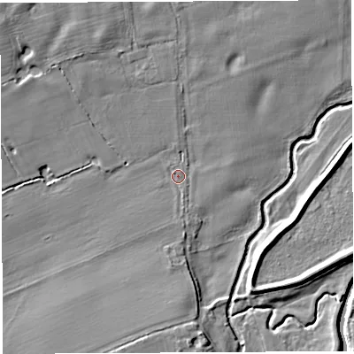 Shaded relief map of the ground around TF66NQ, computed from Environment Agency LiDAR. The ground here sits at about 49 m above sea level and falls 9 m across the surrounding 800 m. Surface water reaching this point runs off ground lying to the north-west, 6.3 m higher.