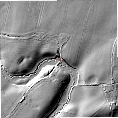 Shaded relief map of the ground around TF66PS, computed from Environment Agency LiDAR. The ground here sits at about 57 m above sea level and falls 13 m across the surrounding 800 m. Surface water reaching this point runs off ground lying to the west-north-west, 10.3 m higher.