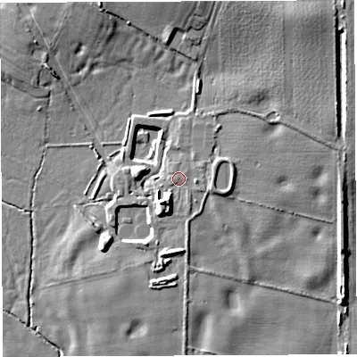 Shaded relief map of the ground around TF66QX, computed from Environment Agency LiDAR. The ground here sits at about 56 m above sea level and falls 14 m across the surrounding 800 m. Surface water reaching this point runs off ground lying to the east-north-east, 1.3 m higher.