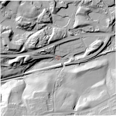 Shaded relief map of the ground around TF75LH, computed from Environment Agency LiDAR. The ground here sits at about 104 m above sea level and falls 41 m across the surrounding 800 m. Surface water reaching this point runs off ground lying to the south-east, 33.4 m higher.