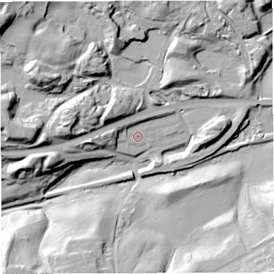 Shaded relief map of the ground around TF75QT, computed from Environment Agency LiDAR. The ground here sits at about 108 m above sea level and falls 41 m across the surrounding 800 m. Surface water reaching this point runs off ground lying to the north-west, 5.6 m higher.