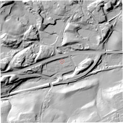 Shaded relief map of the ground around TF75QX, computed from Environment Agency LiDAR. The ground here sits at about 109 m above sea level and falls 39 m across the surrounding 800 m. Surface water reaching this point runs off ground lying to the north-west, 29.0 m higher.