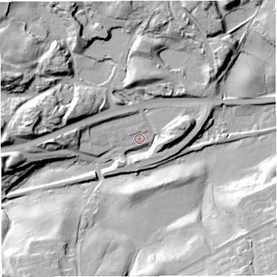 Shaded relief map of the ground around TF75QY, computed from Environment Agency LiDAR. The ground here sits at about 108 m above sea level and falls 33 m across the surrounding 800 m. Surface water reaching this point runs off ground lying to the east-north-east, 16.9 m higher.