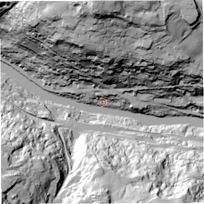 Shaded relief map of the ground around TF87AF, computed from Environment Agency LiDAR. The ground here sits at about 42 m above sea level and falls 105 m across the surrounding 800 m. Surface water reaching this point runs off ground lying to the north, 104.4 m higher.