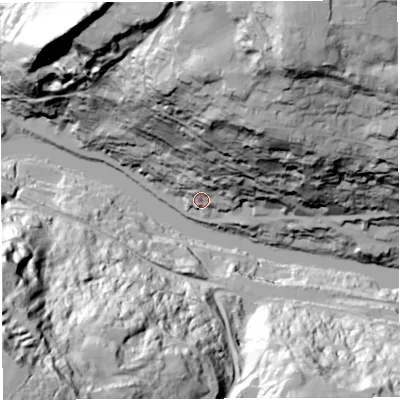 Shaded relief map of the ground around TF87AN, computed from Environment Agency LiDAR. The ground here sits at about 48 m above sea level and falls 117 m across the surrounding 800 m. Surface water reaching this point runs off ground lying to the north-north-east, 99.7 m higher.