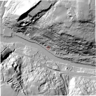 Shaded relief map of the ground around TF87AW, computed from Environment Agency LiDAR. The ground here sits at about 42 m above sea level and falls 117 m across the surrounding 800 m. Surface water reaching this point runs off ground lying to the north-north-east, 83.5 m higher.