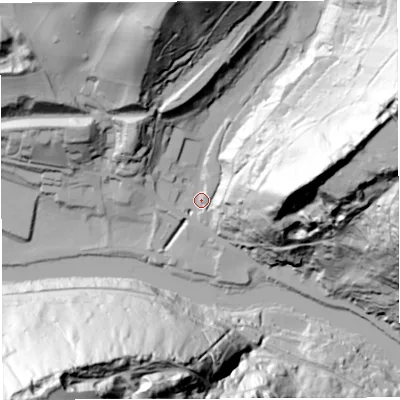 Shaded relief map of the ground around TF87AX, computed from Environment Agency LiDAR. The ground here sits at about 42 m above sea level and falls 135 m across the surrounding 800 m. Surface water reaching this point runs off ground lying to the east-north-east, 91.9 m higher.