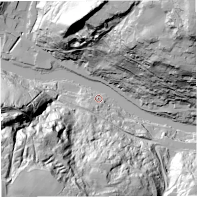 Shaded relief map of the ground around TF87AZ, computed from Environment Agency LiDAR. The ground here sits at about 44 m above sea level and falls 118 m across the surrounding 800 m. Surface water reaching this point runs off ground lying to the south-west, 15.1 m higher.