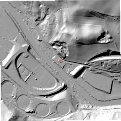 Shaded relief map of the ground around TF87BJ, computed from Environment Agency LiDAR. The ground here sits at about 42 m above sea level and falls 76 m across the surrounding 800 m. Surface water reaching this point runs off ground lying to the north-east, 51.1 m higher.