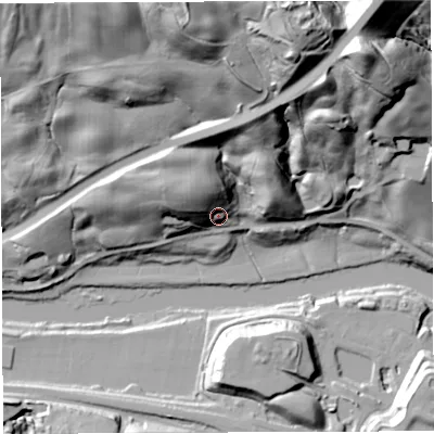 Shaded relief map of the ground around TF87BN, computed from Environment Agency LiDAR. The ground here sits at about 54 m above sea level and falls 70 m across the surrounding 800 m. Surface water reaching this point runs off ground lying to the north-west, 23.5 m higher.
