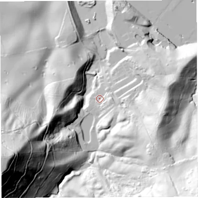 Shaded relief map of the ground around TF87BS, computed from Environment Agency LiDAR. The ground here sits at about 76 m above sea level and falls 141 m across the surrounding 800 m. Surface water reaching this point runs off ground lying to the south-east, 13.2 m higher.