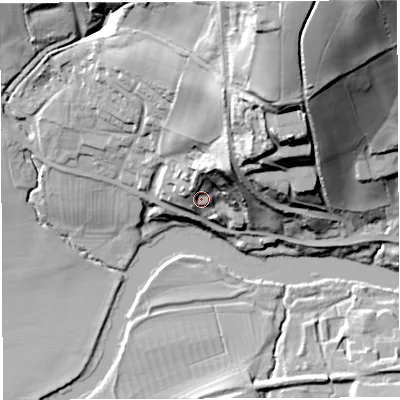 Shaded relief map of the ground around TF87BX, computed from Environment Agency LiDAR. The ground here sits at about 53 m above sea level and falls 75 m across the surrounding 800 m. Surface water reaching this point runs off ground lying to the north-north-west, 12.4 m higher.
