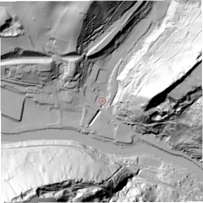 Shaded relief map of the ground around TF87DG, computed from Environment Agency LiDAR. The ground here sits at about 42 m above sea level and falls 135 m across the surrounding 800 m. Surface water reaching this point runs off ground lying to the east-north-east, 91.9 m higher.