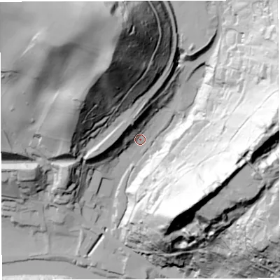 Shaded relief map of the ground around TF87DL, computed from Environment Agency LiDAR. The ground here sits at about 45 m above sea level and falls 103 m across the surrounding 800 m. Surface water reaching this point runs off ground lying to the north, 94.1 m higher.