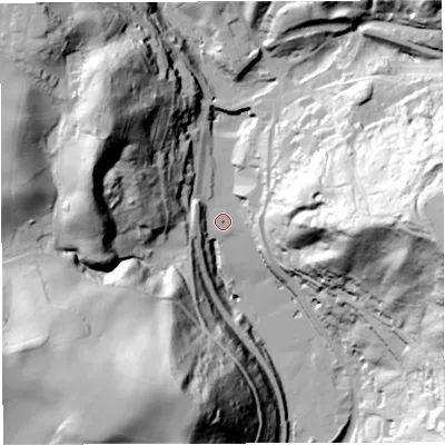 Shaded relief map of the ground around TF87DQ, computed from Environment Agency LiDAR. The ground here sits at about 70 m above sea level and falls 88 m across the surrounding 800 m. Surface water reaching this point runs off ground lying to the east, 81.4 m higher.
