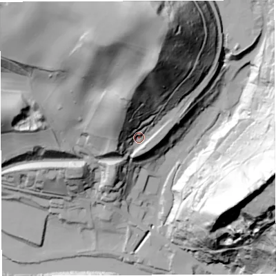 Shaded relief map of the ground around TF87DR, computed from Environment Agency LiDAR. The ground here sits at about 62 m above sea level and falls 103 m across the surrounding 800 m. Surface water reaching this point runs off ground lying to the north-north-east, 67.8 m higher.