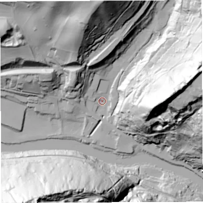 Shaded relief map of the ground around TF87DS, computed from Environment Agency LiDAR. The ground here sits at about 41 m above sea level and falls 127 m across the surrounding 800 m. Surface water reaching this point runs off ground lying to the north-west, 31.1 m higher.