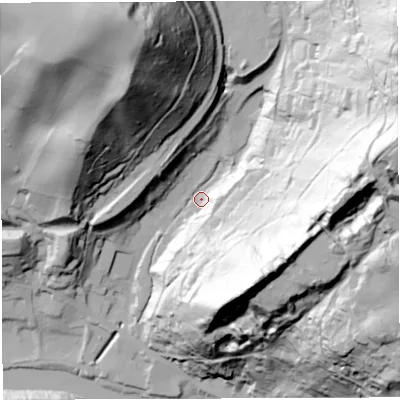 Shaded relief map of the ground around TF87DT, computed from Environment Agency LiDAR. The ground here sits at about 46 m above sea level and falls 107 m across the surrounding 800 m. Surface water reaching this point runs off ground lying to the east-north-east, 101.0 m higher.