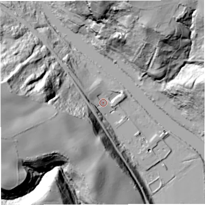 Shaded relief map of the ground around TF87HA, computed from Environment Agency LiDAR. The ground here sits at about 38 m above sea level and falls 70 m across the surrounding 800 m. Surface water reaching this point runs off ground lying to the west, 67.4 m higher.