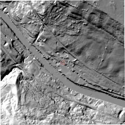 Shaded relief map of the ground around TF87HT, computed from Environment Agency LiDAR. The ground here sits at about 42 m above sea level and falls 90 m across the surrounding 800 m. Surface water reaching this point runs off ground lying to the north-north-east, 69.6 m higher.