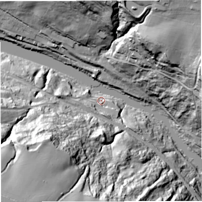 Shaded relief map of the ground around TF87JF, computed from Environment Agency LiDAR. The ground here sits at about 40 m above sea level and falls 80 m across the surrounding 800 m. Surface water reaching this point runs off ground lying to the south-south-east, 14.0 m higher.