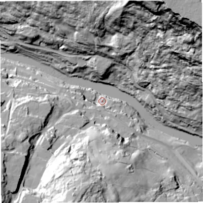 Shaded relief map of the ground around TF87LW, computed from Environment Agency LiDAR. The ground here sits at about 42 m above sea level and falls 104 m across the surrounding 800 m. Surface water reaching this point runs off ground lying to the south-south-west, 68.4 m higher.