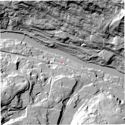 Shaded relief map of the ground around TF87LZ, computed from Environment Agency LiDAR. The ground here sits at about 43 m above sea level and falls 97 m across the surrounding 800 m. Surface water reaching this point runs off ground lying to the south, 23.5 m higher.