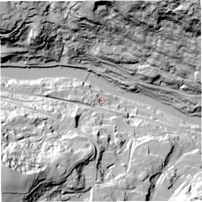 Shaded relief map of the ground around TF87NA, computed from Environment Agency LiDAR. The ground here sits at about 42 m above sea level and falls 93 m across the surrounding 800 m. Surface water reaching this point runs off ground lying to the south-west, 59.0 m higher.