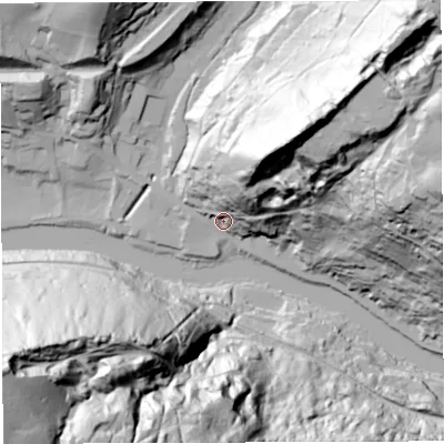 Shaded relief map of the ground around TF87NH, computed from Environment Agency LiDAR. The ground here sits at about 45 m above sea level and falls 129 m across the surrounding 800 m. Surface water reaching this point runs off ground lying to the north-east, 85.6 m higher.