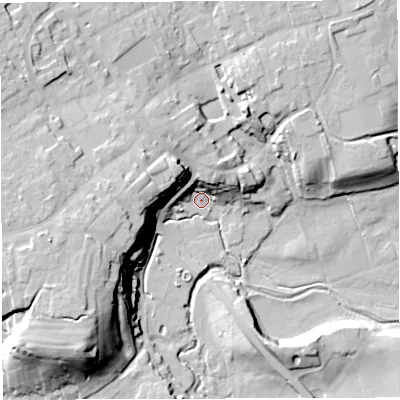 Shaded relief map of the ground around TF91JT, computed from Environment Agency LiDAR. The ground here sits at about 77 m above sea level and falls 28 m across the surrounding 800 m. Surface water reaching this point runs off ground lying to the north, 13.2 m higher.