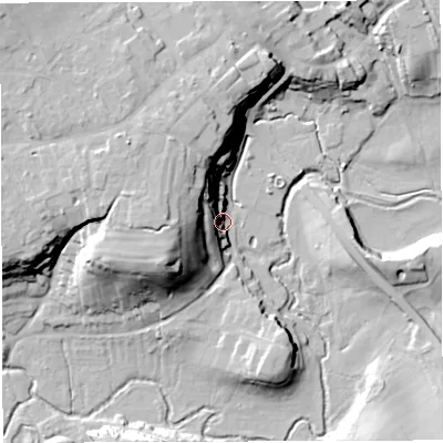Shaded relief map of the ground around TF91JU, computed from Environment Agency LiDAR. The ground here sits at about 79 m above sea level and falls 30 m across the surrounding 800 m. Surface water reaching this point runs off ground lying to the west-south-west, 13.0 m higher.