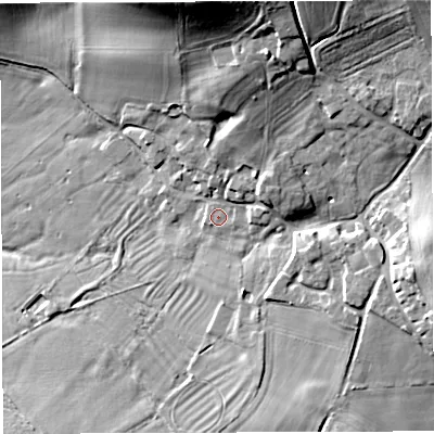 Shaded relief map of the ground around TF92BW, computed from Environment Agency LiDAR. The ground here sits at about 79 m above sea level and falls 29 m across the surrounding 800 m. Surface water reaching this point runs off ground lying to the north-east, 5.4 m higher.