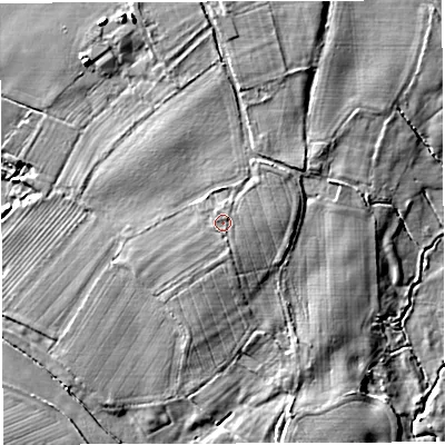 Shaded relief map of the ground around TF92LB, computed from Environment Agency LiDAR. The ground here sits at about 74 m above sea level and falls 9 m across the surrounding 800 m. Surface water reaching this point runs off ground lying to the south-south-east, 0.6 m higher.