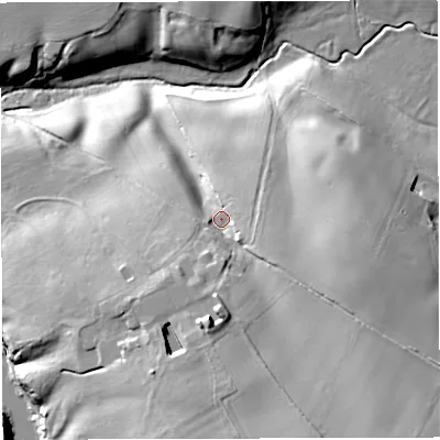 Shaded relief map of the ground around TF92PA, computed from Environment Agency LiDAR. The ground here sits at about 97 m above sea level and falls 36 m across the surrounding 800 m. Surface water reaching this point runs off ground lying to the south-east, 16.5 m higher.