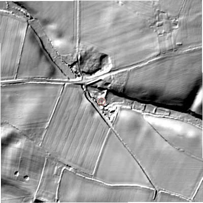 Shaded relief map of the ground around TF92QN, computed from Environment Agency LiDAR. The ground here sits at about 117 m above sea level and falls 30 m across the surrounding 800 m. Surface water reaching this point runs off ground lying to the south-south-east, 24.0 m higher.